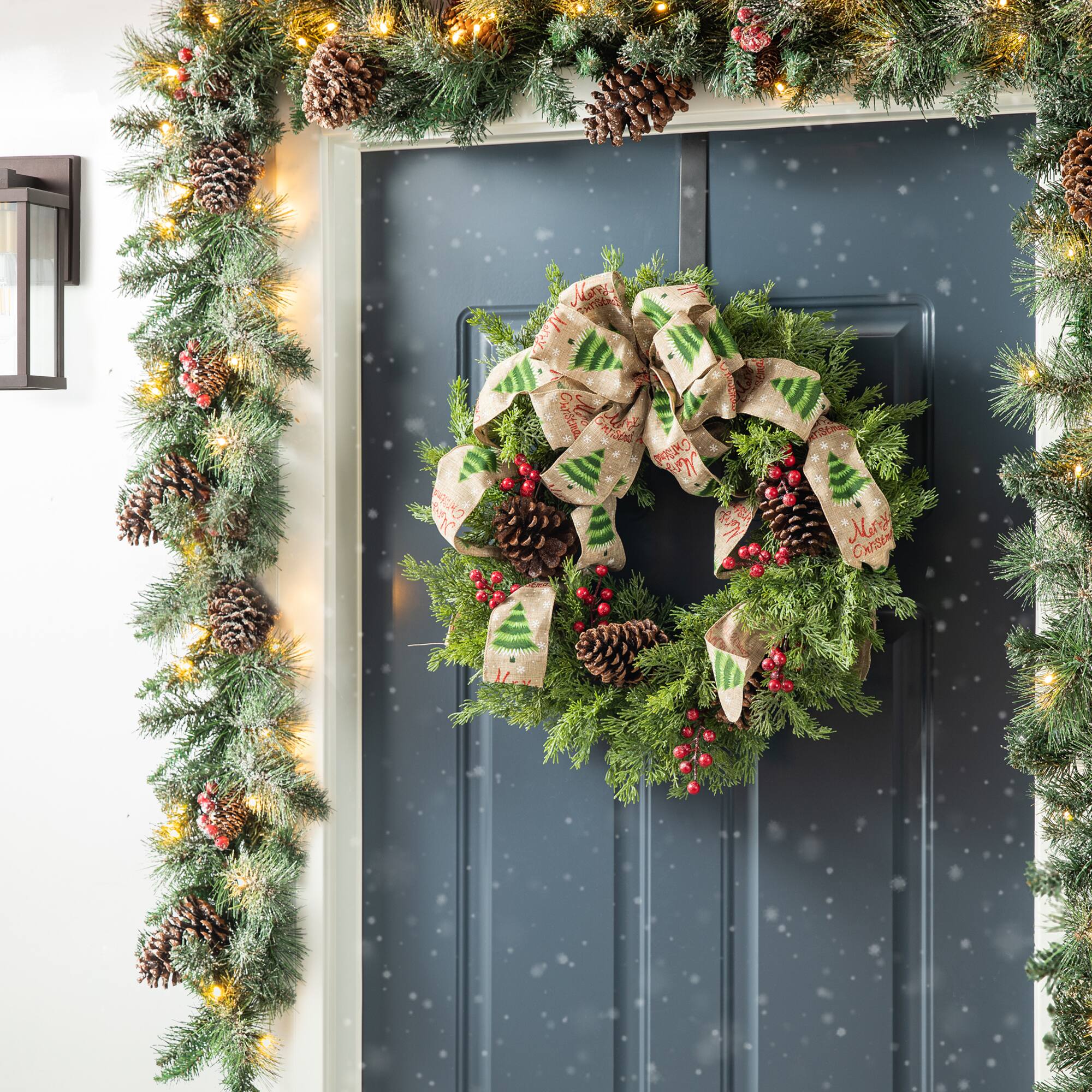 Glitzhome® 24" Cypress Leaves & Pinecone Wreath with Ribbon & Bow